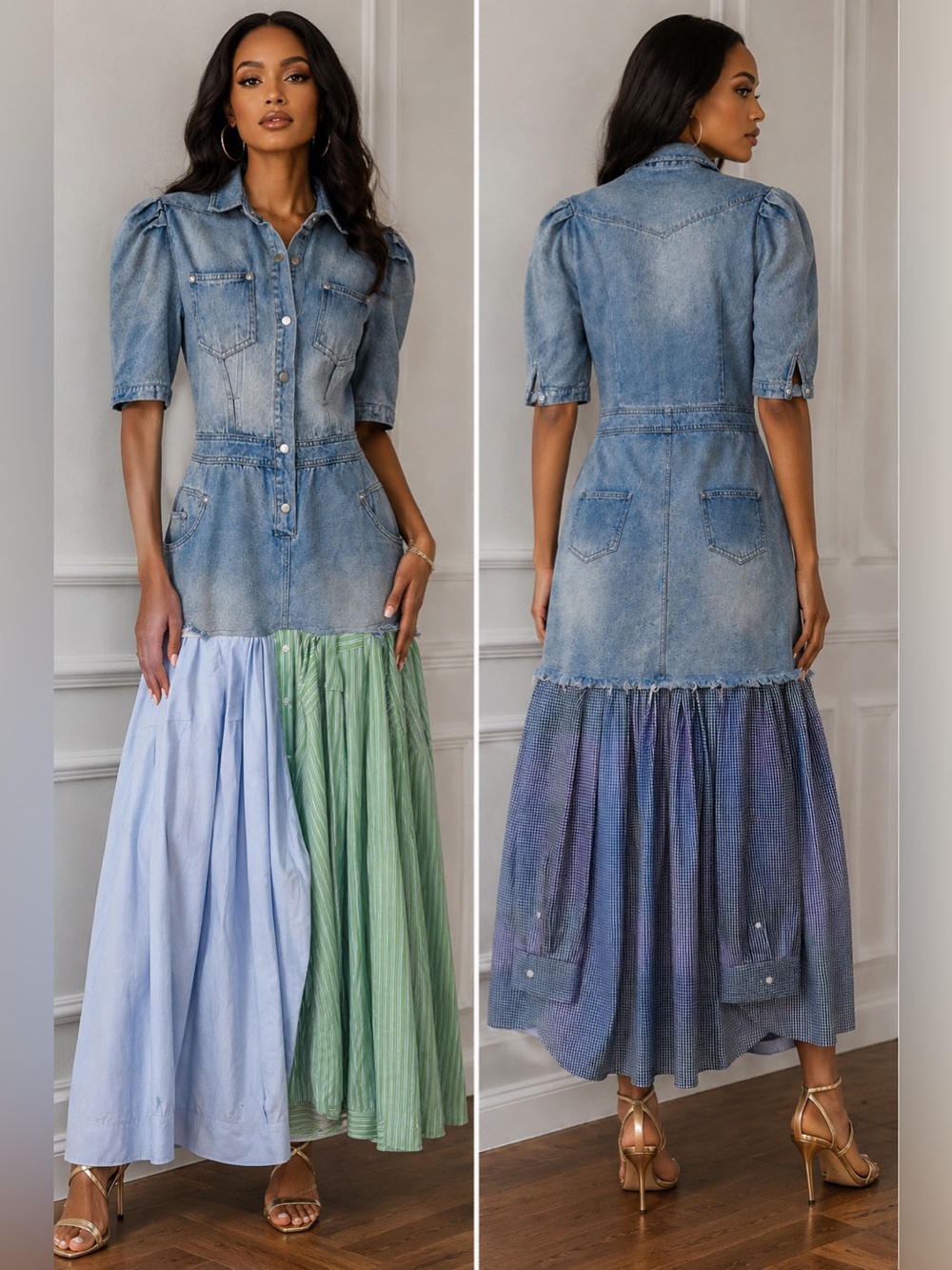 Upcycled Denim Shirt Dress with button up shirts size S